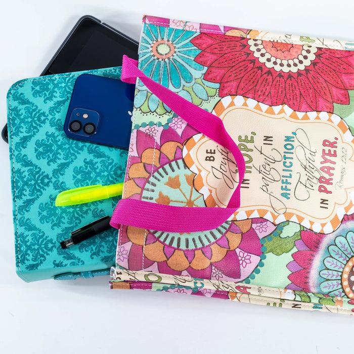 Divinity Boutique Pink Floral Print Bible Study Tote Bag - Romans 12:12 "Be Joyful In Hope"