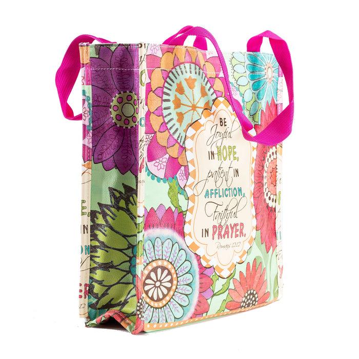 divinity boutique Pink Floral Print Bible Study Tote Bag - Romans 12:12 "Be Joyful In Hope"