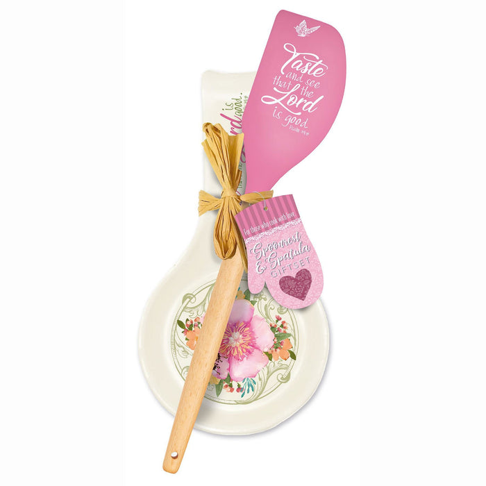 divinity boutique Pink Floral Spoon Rest & Spatula Gift Set - Psalm 126:3 "Taste & See"