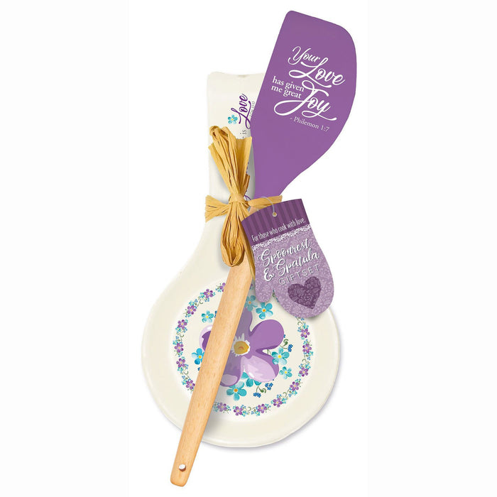 divinity boutique Purple Floral Spoon Rest & Spatula Gift Set - Philemon 1:7 "Great Joy"