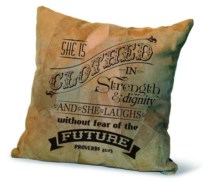 divinity boutique Recycled Leather Pillow : Proverbs 31:25