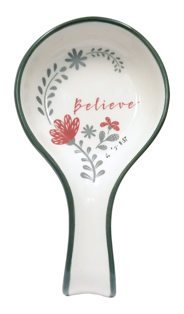 divinity boutique Scribbles Kitchen: Pink & Gray Floral Spoon Rest - "Believe"