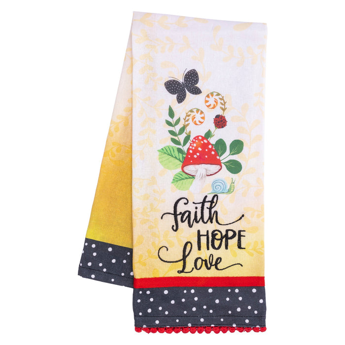 divinity boutique Tea Towel: Merry Mushroom; Faith Hope Love