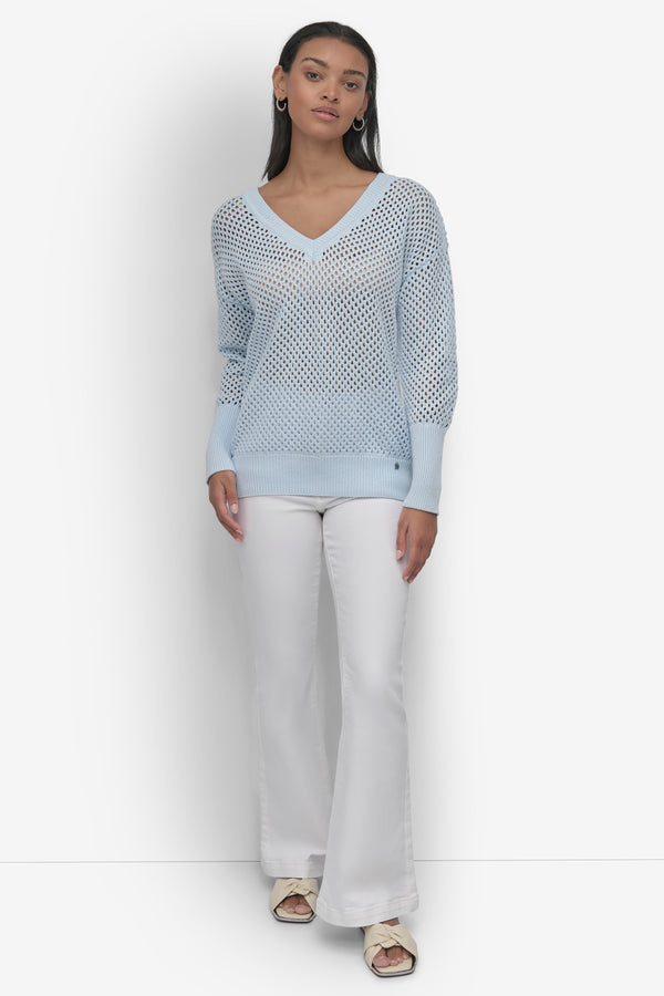 Dkny 3/4 WIDE SLEEVE CREW NECKOPEN POINTELLE STITCH SKYWAY BLUE