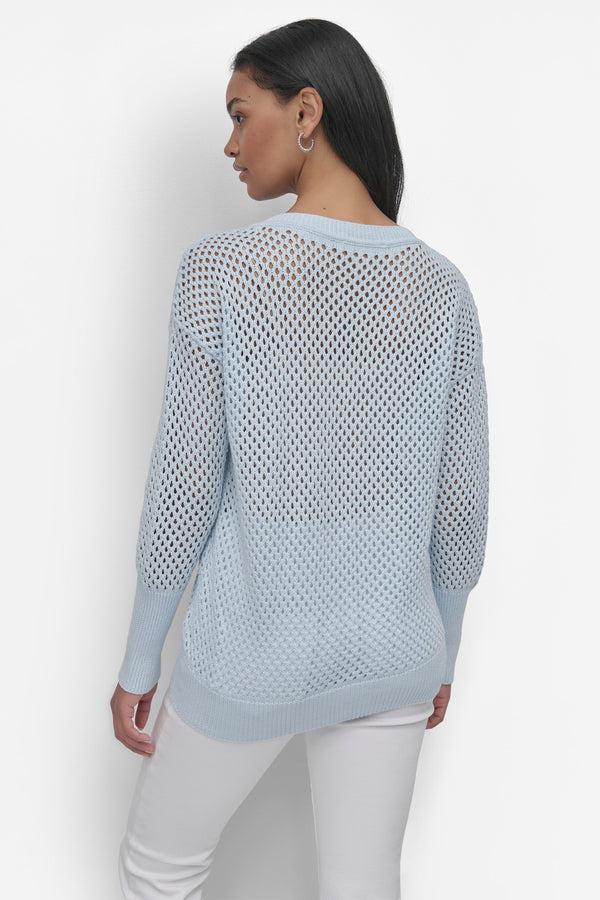 Dkny 3/4 WIDE SLEEVE CREW NECKOPEN POINTELLE STITCH SKYWAY BLUE