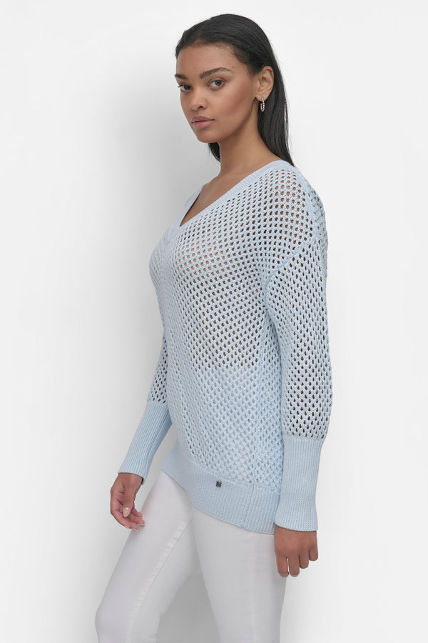 Dkny 3/4 WIDE SLEEVE CREW NECKOPEN POINTELLE STITCH SKYWAY BLUE