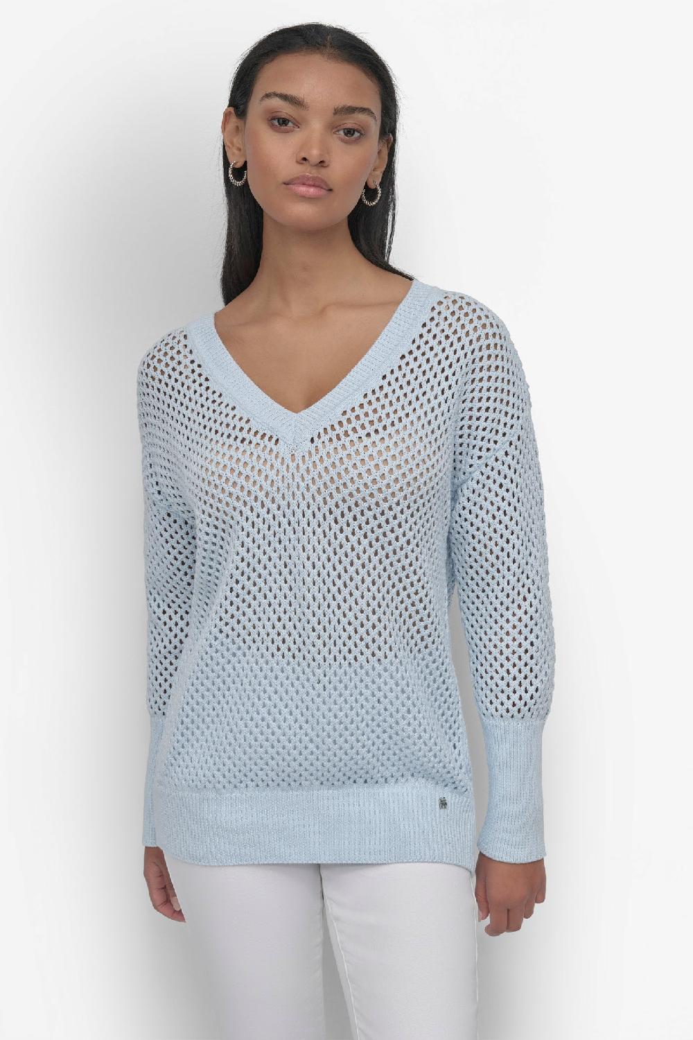 dkny 3/4 WIDE SLEEVE CREW NECKOPEN POINTELLE STITCH SKYWAY BLUE