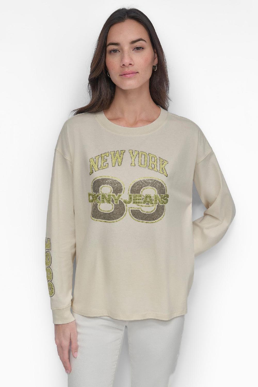 dkny 89 MULTI COLOR RHINESTONE LOGO LONG SLEEVE TEE Eggnog/Vintage Khaki