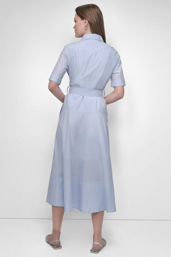 Dkny BELTED PINSTRIPED MIDI SHIRT DRESS HARBOR STRIPE FROST