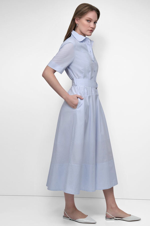 Dkny BELTED PINSTRIPED MIDI SHIRT DRESS HARBOR STRIPE FROST