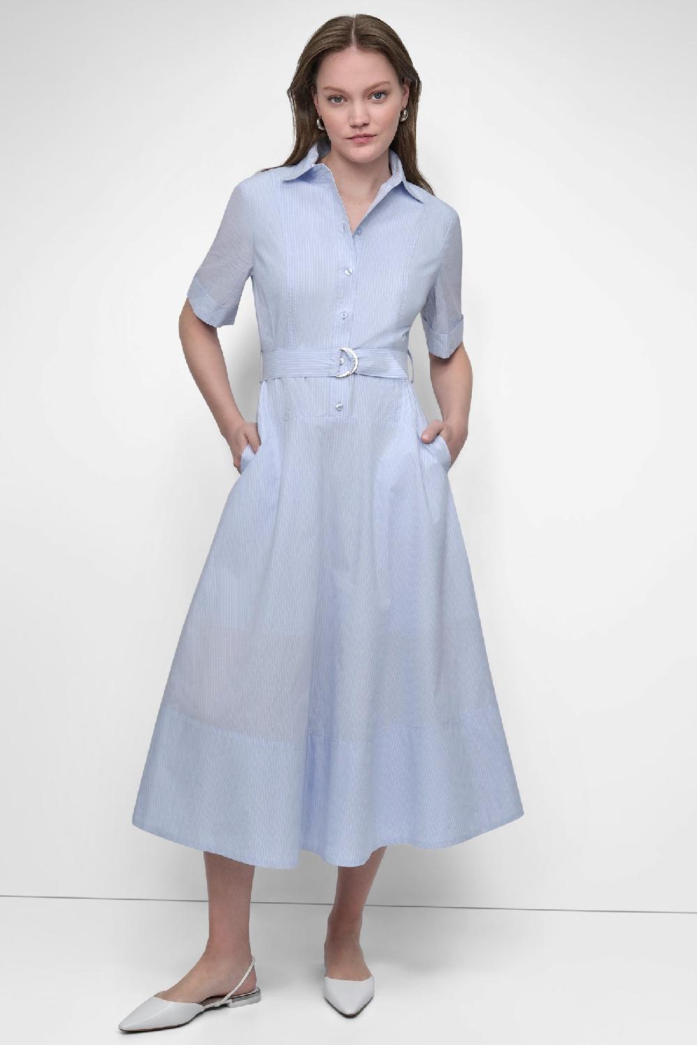 dkny BELTED PINSTRIPED MIDI SHIRT DRESS HARBOR STRIPE FROST