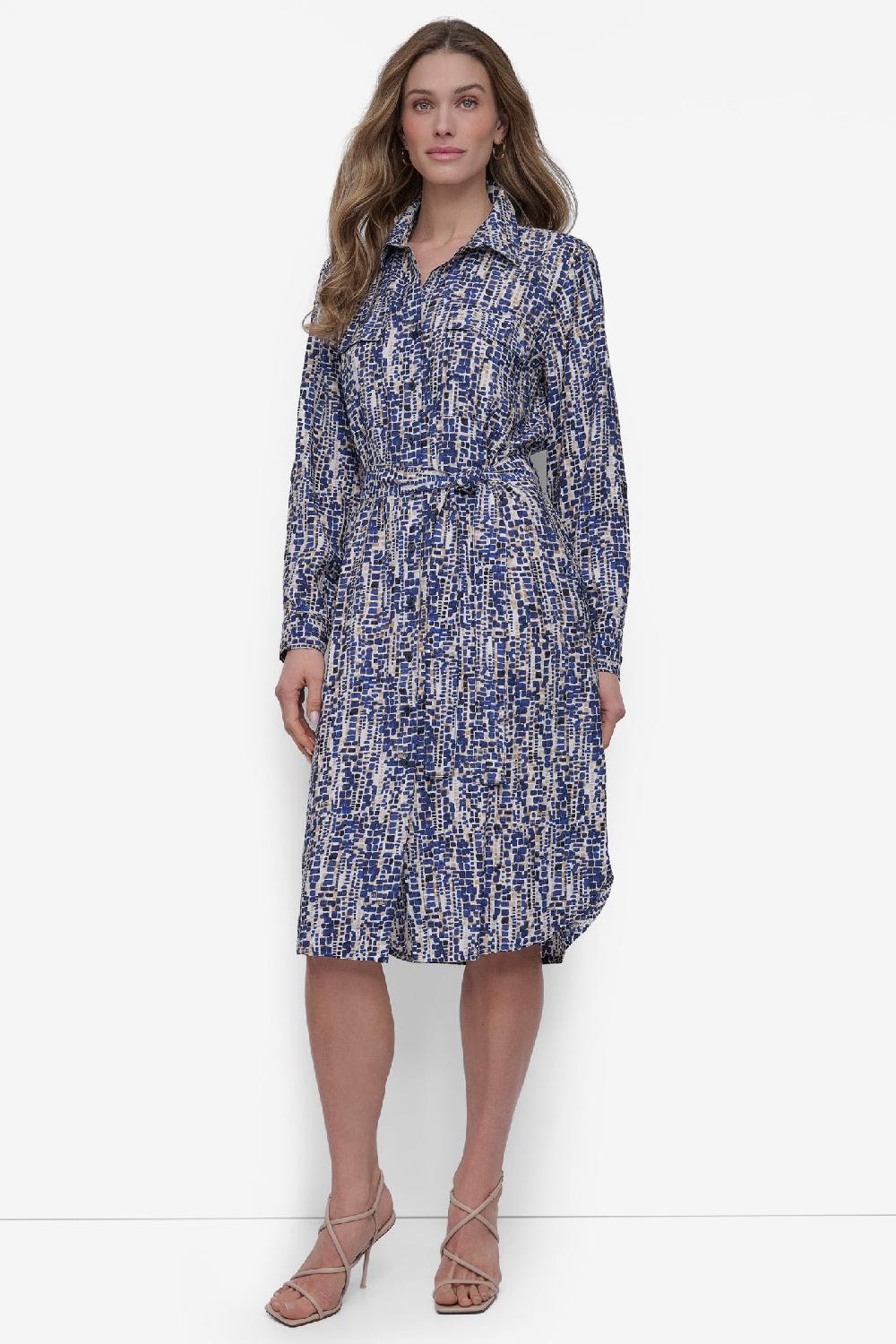 dkny BELTED TIERED MIDI SHIRT DRESS Navy/Tannin Multi