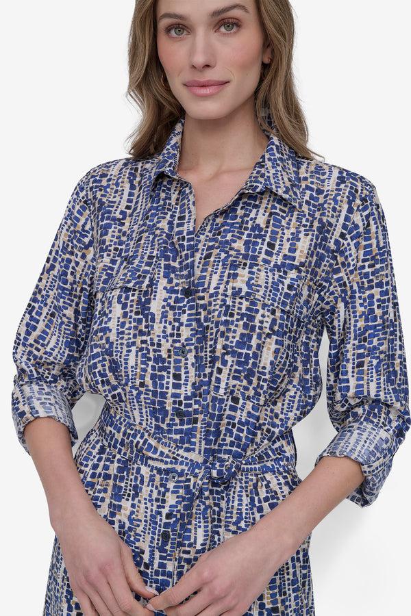 Dkny BELTED TIERED MIDI SHIRT DRESS Navy/Tannin Multi