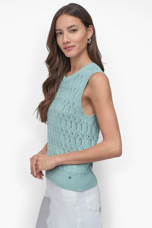 Dkny COTTON SLEEVLESS LACEY STITCH CREW NECK MINERAL