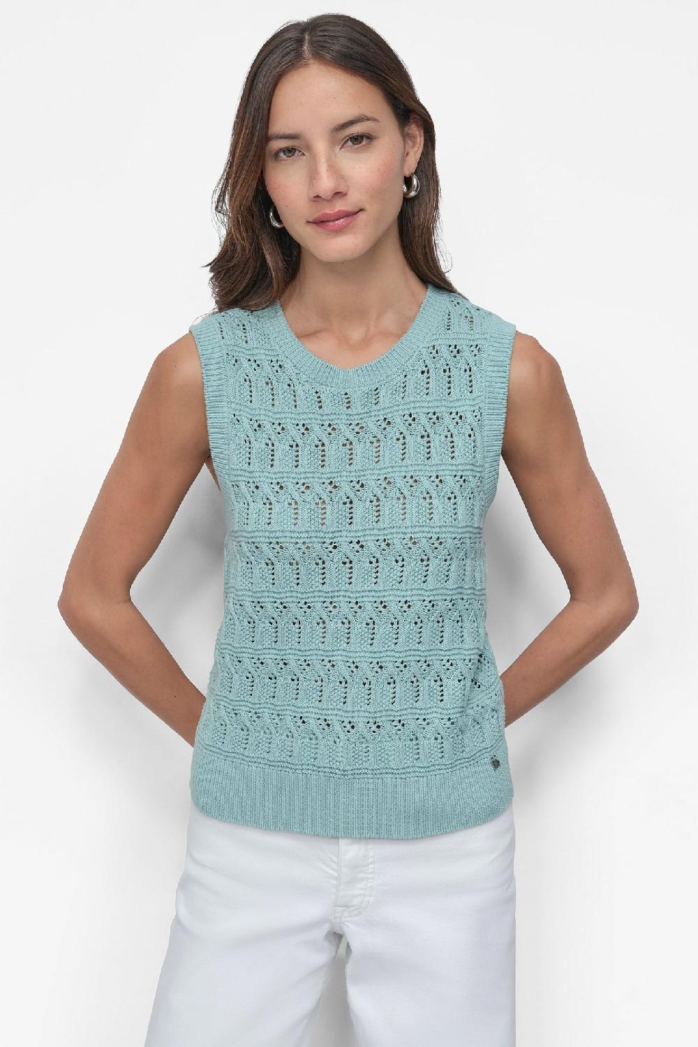 dkny COTTON SLEEVLESS LACEY STITCH CREW NECK MINERAL