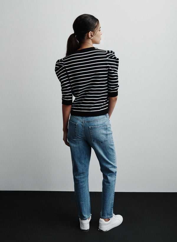 Dkny CREW NECK STRIPE TOP WITH PUFF SLEEVE BLACK/ IVORY