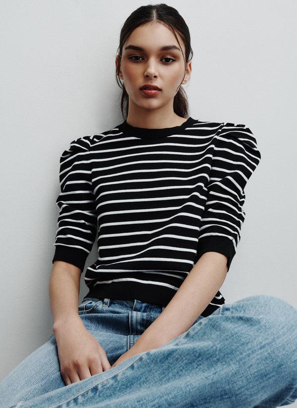 Dkny CREW NECK STRIPE TOP WITH PUFF SLEEVE BLACK/ IVORY