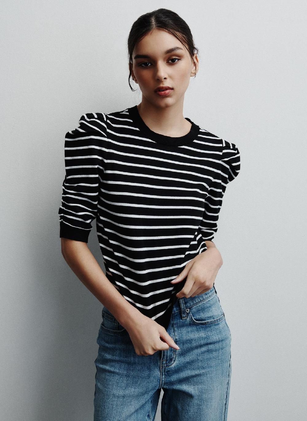 dkny CREW NECK STRIPE TOP WITH PUFF SLEEVE BLACK/ IVORY