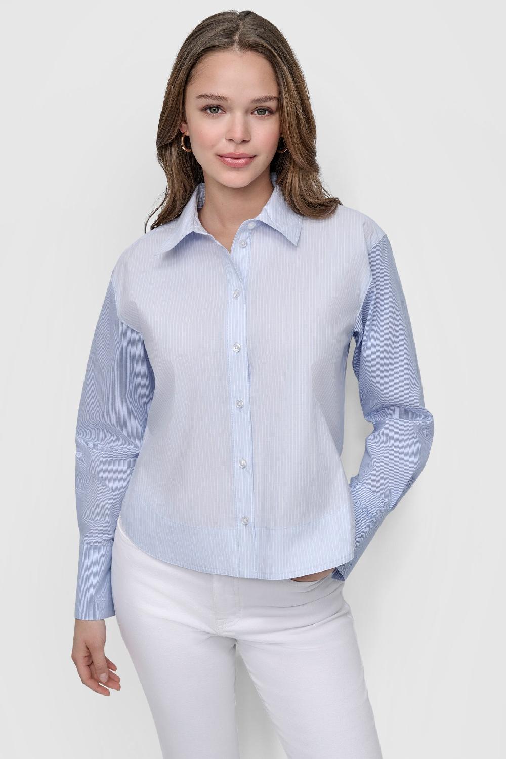 dkny CROPPED LONG SLEEVE BUTTON FRONT SHIRT WITH MIXED STRIPE HARBOR-MARION FROST