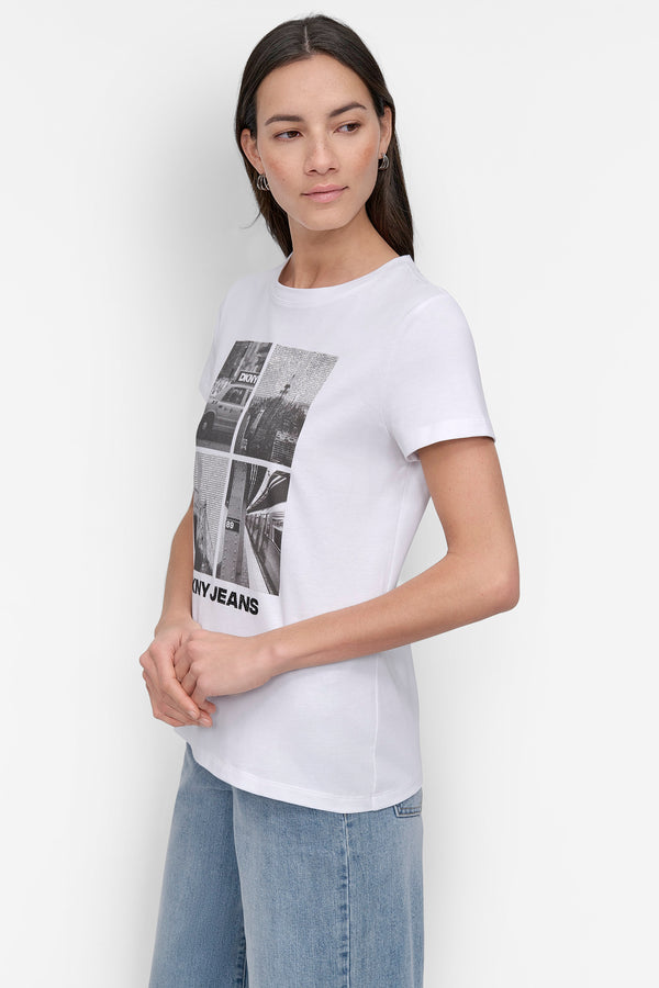Dkny CRYSTAL EMBELLISHED CITYSCAPE GRAPHIC TEE White/Black