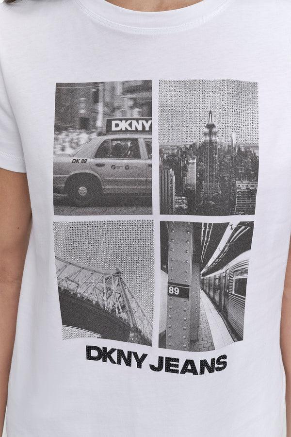 Dkny CRYSTAL EMBELLISHED CITYSCAPE GRAPHIC TEE White/Black