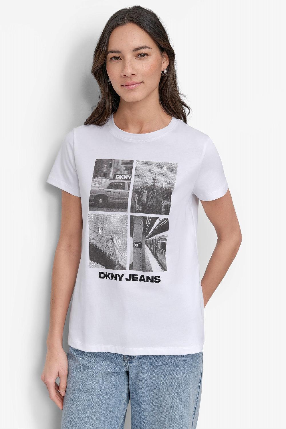 dkny CRYSTAL EMBELLISHED CITYSCAPE GRAPHIC TEE White/Black
