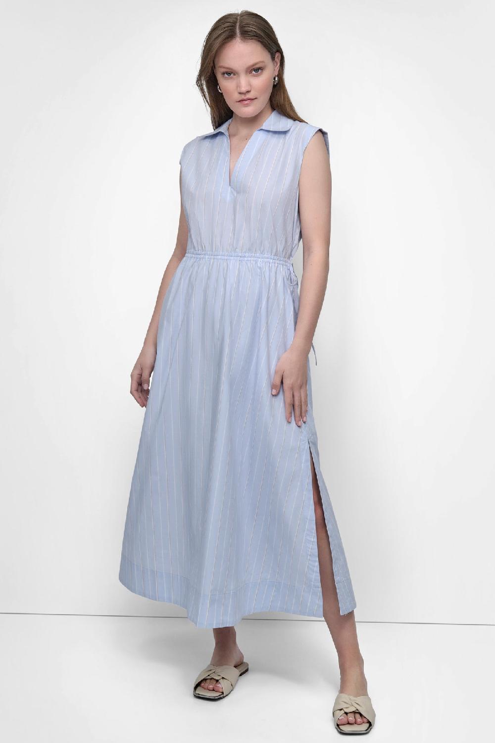 dkny CUTOUT PINSTRIPED MIDI SHIRT DRESS Baldwin Stripe Frost Blue