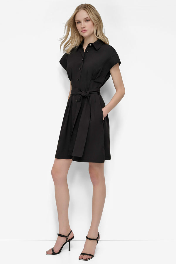 Dkny BELTED COMMUTER FIT & FLARE SHIRT DRESS Black