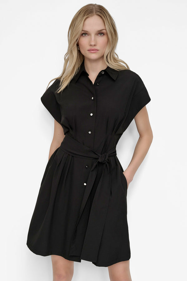 Dkny BELTED COMMUTER FIT & FLARE SHIRT DRESS Black