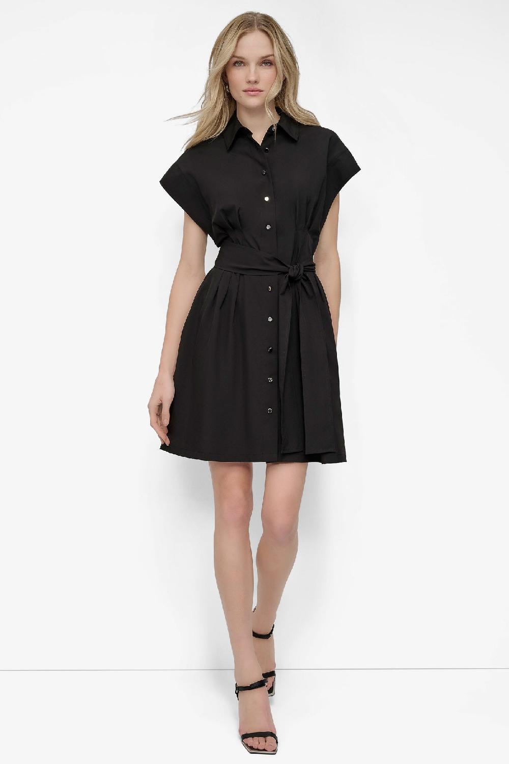 dkny BELTED COMMUTER FIT & FLARE SHIRT DRESS Black