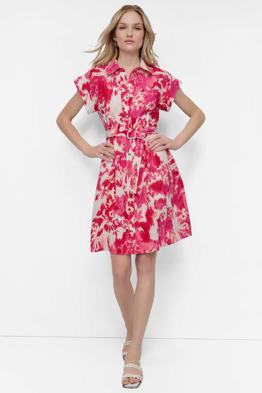 dkny BELTED FLORAL SHIRT DRESS FLORAL AZALEA MULTI