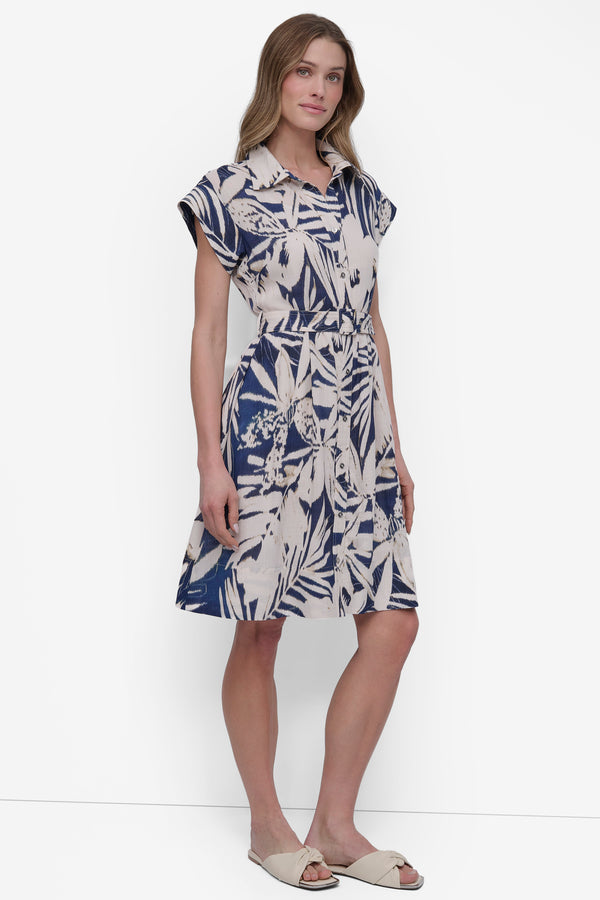 Dkny BELTED FLORAL SHIRT DRESS NAVY MULTI