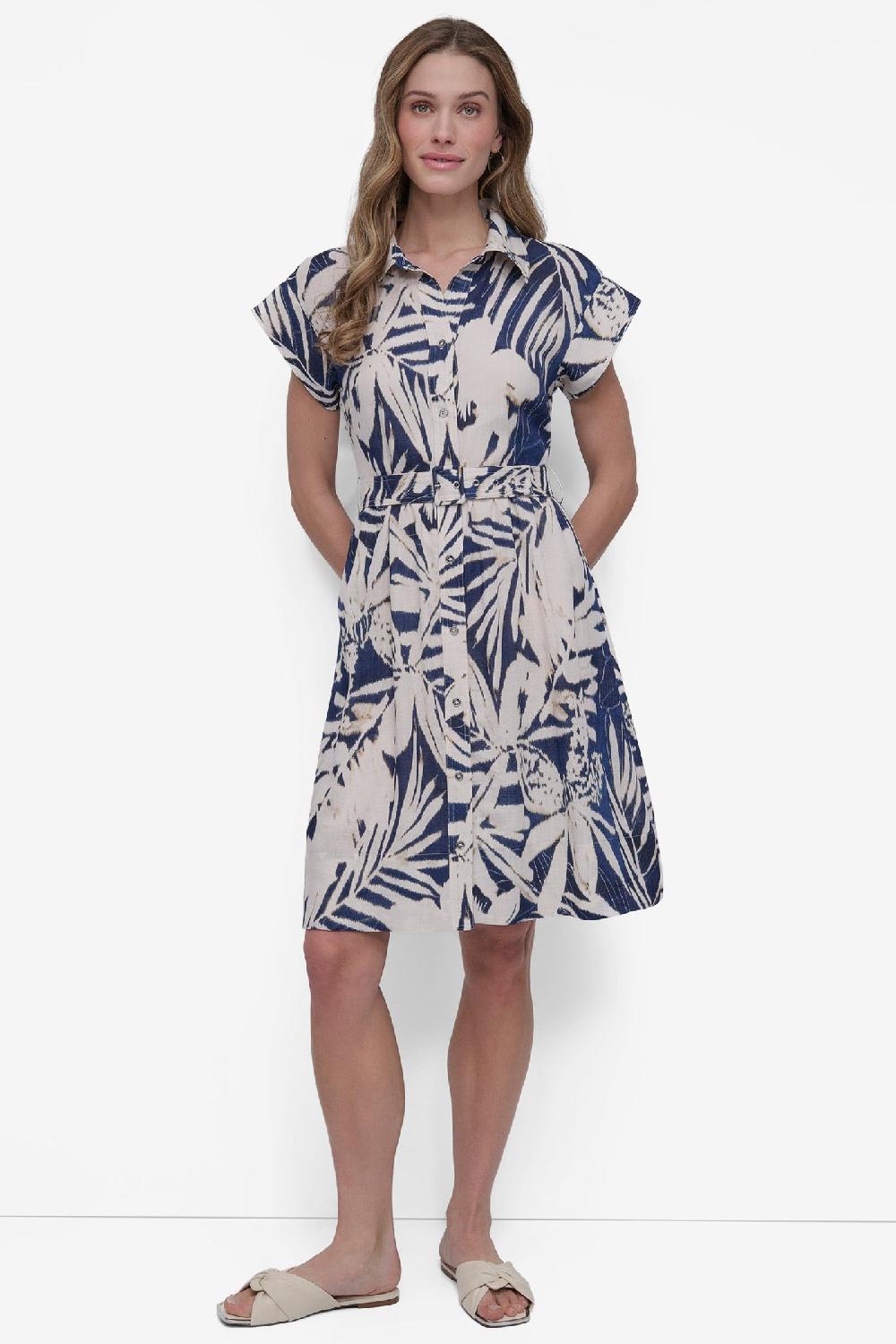 dkny BELTED FLORAL SHIRT DRESS NAVY MULTI