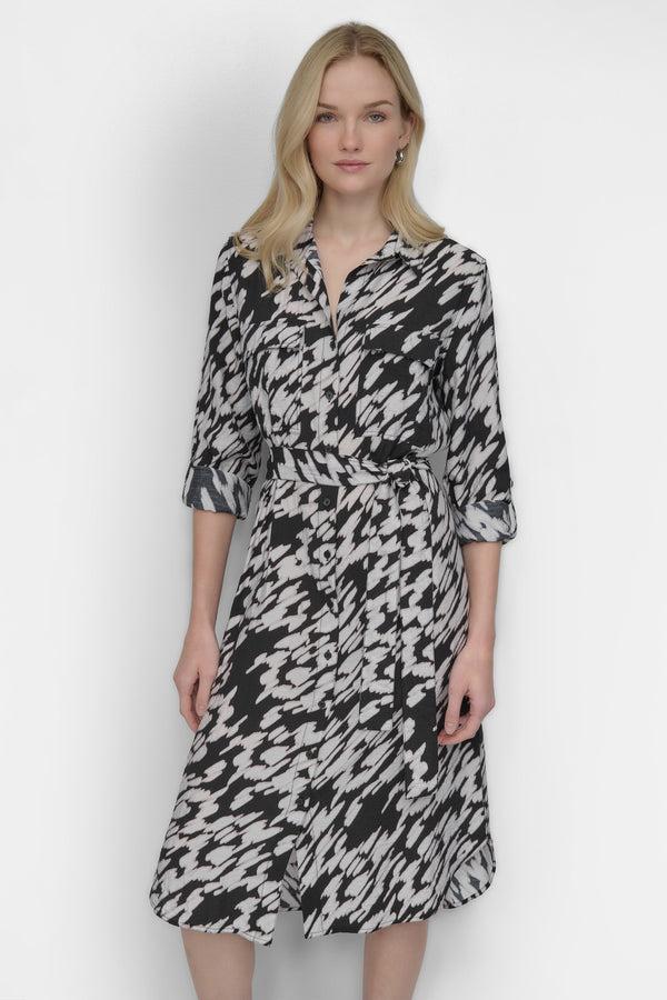 Dkny BELTED TIERED MIDI SHIRT DRESS Black Multi