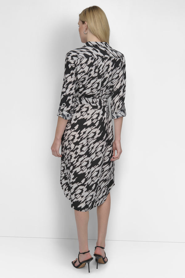 Dkny BELTED TIERED MIDI SHIRT DRESS Black Multi