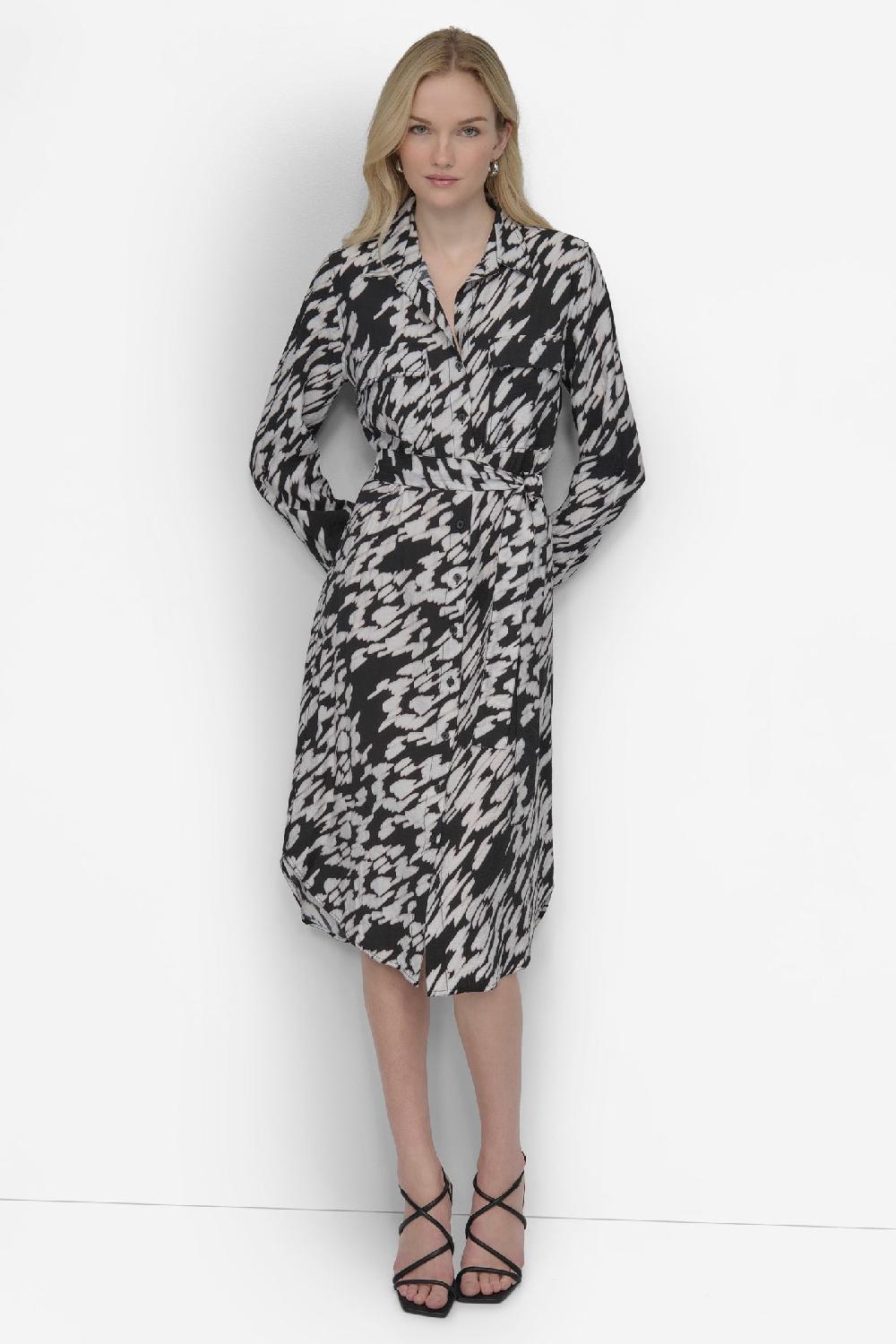 dkny BELTED TIERED MIDI SHIRT DRESS Black Multi