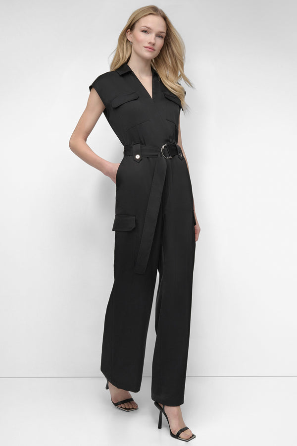 Dkny BELTED WRAP-EFFECT CARGO JUMPSUIT Black