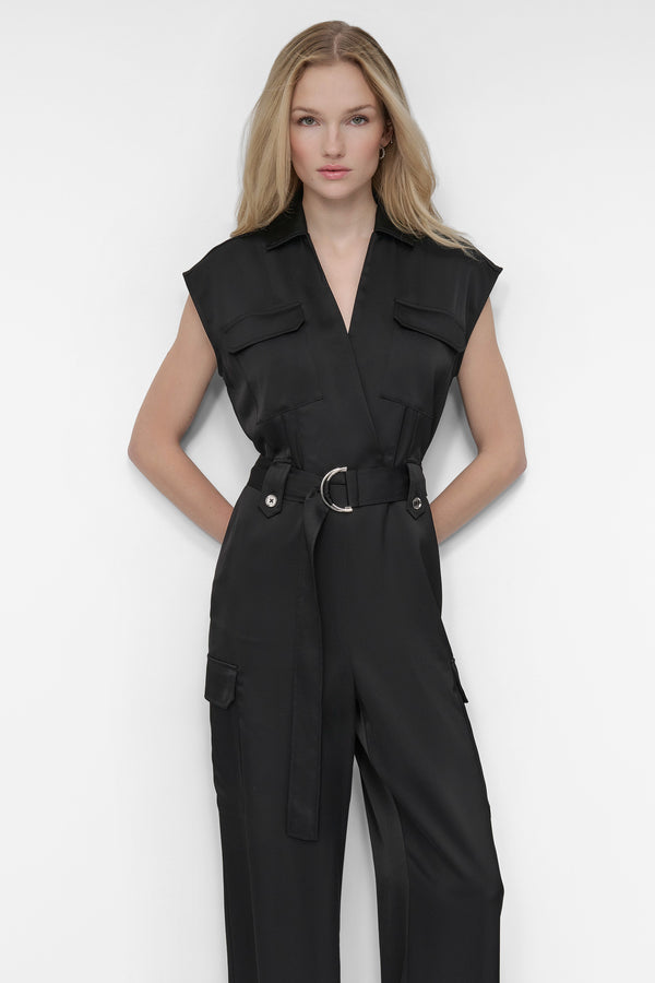 Dkny BELTED WRAP-EFFECT CARGO JUMPSUIT Black