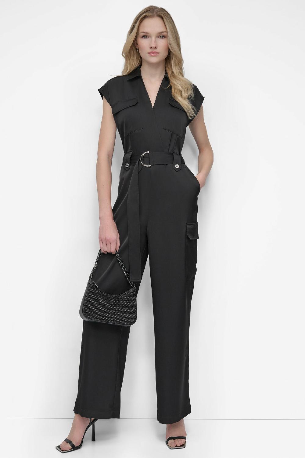 dkny BELTED WRAP-EFFECT CARGO JUMPSUIT Black