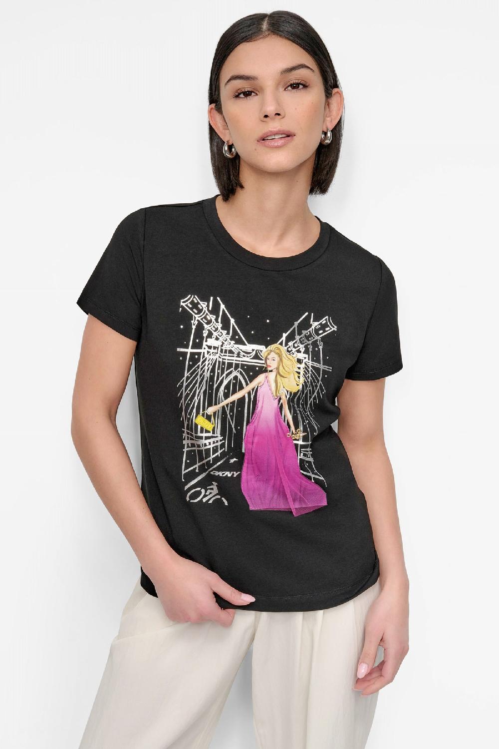 dkny BOW BRIDGE EMBELLISHED GRAPHIC TEE Black