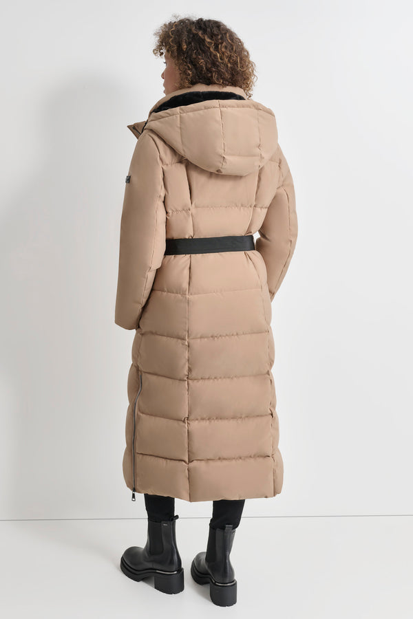Dkny BOX QUILT LONG PUFFER WITH BELT Beige