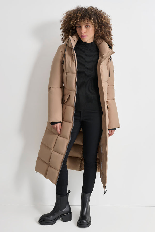 Dkny BOX QUILT LONG PUFFER WITH BELT Beige