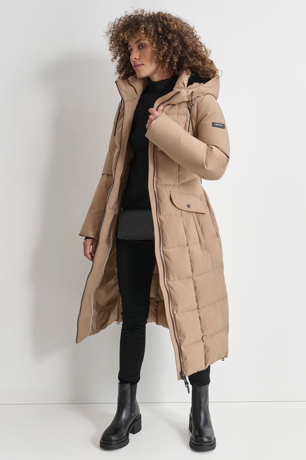 Dkny BOX QUILT LONG PUFFER WITH BELT Beige