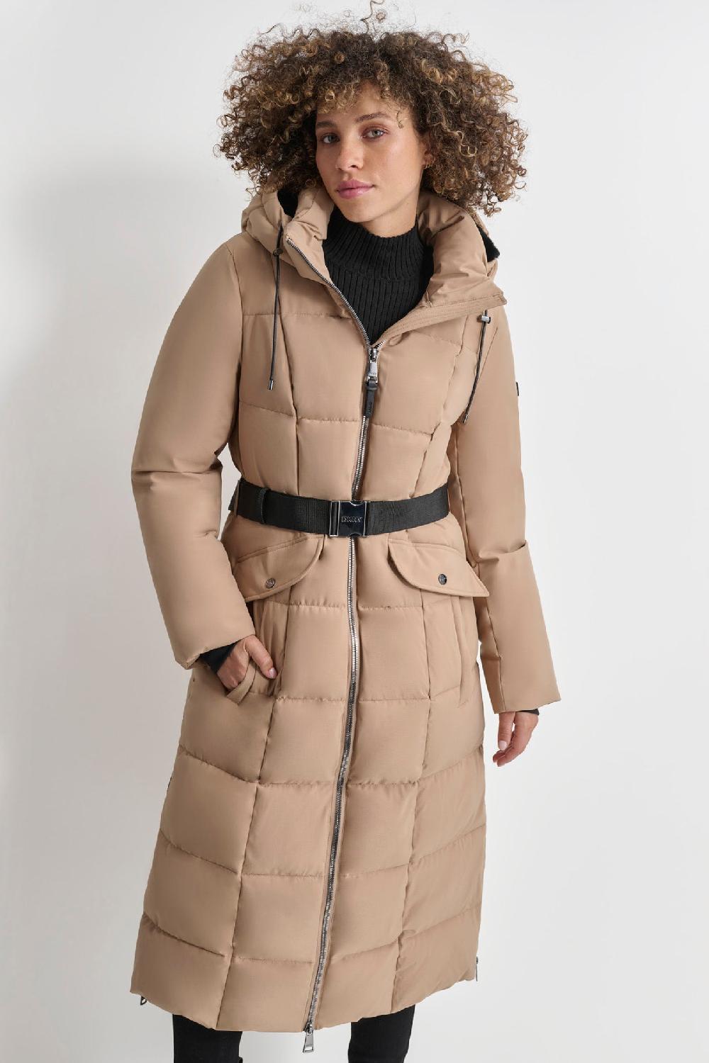 dkny BOX QUILT LONG PUFFER WITH BELT Beige