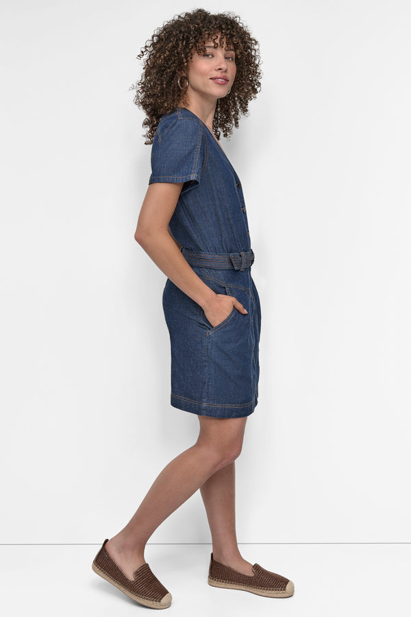 Dkny BUTTON FRONT DENIM MINI DRESS Crosby Wash