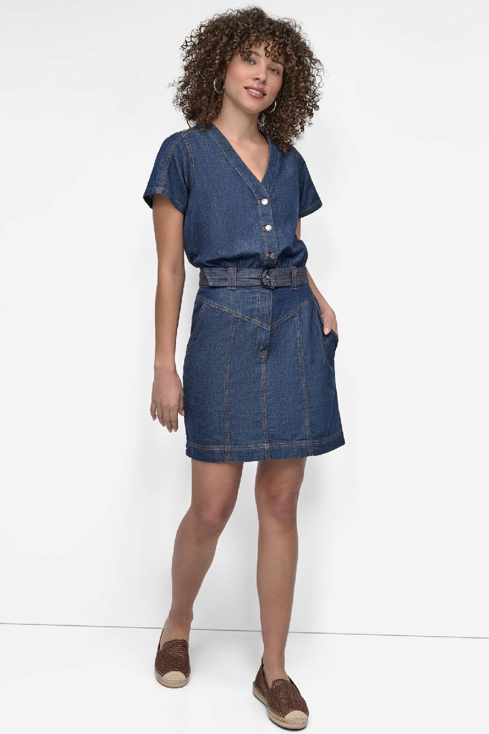 dkny BUTTON FRONT DENIM MINI DRESS Crosby Wash
