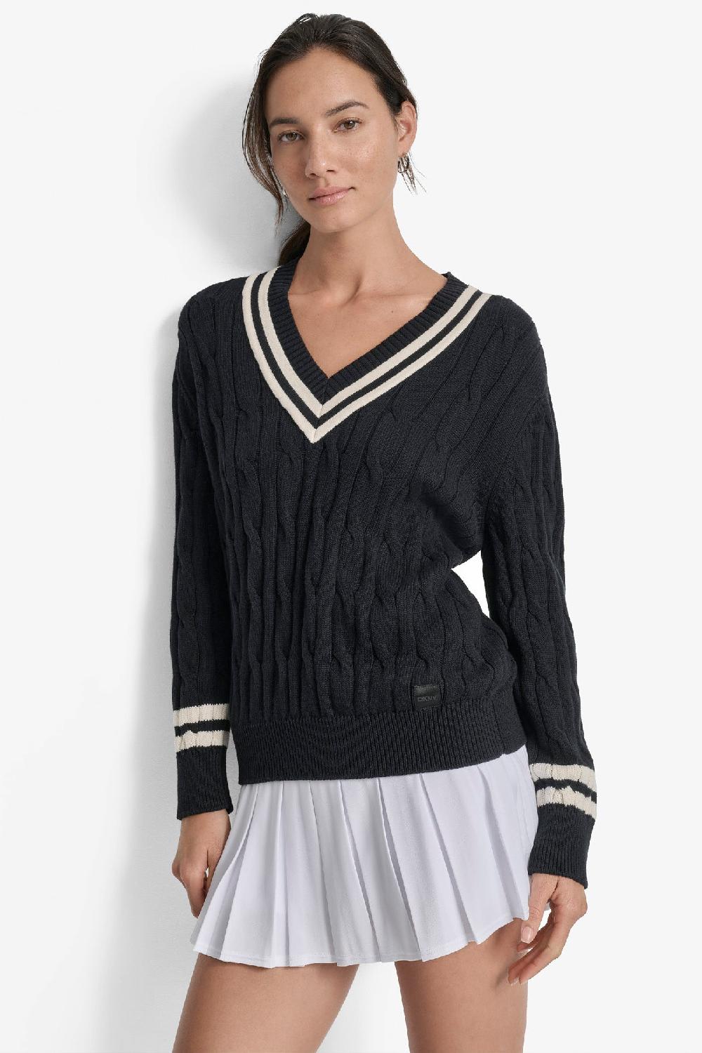dkny CABLE-KNIT TIPPED SWEATER BLACK/ EGGNOG