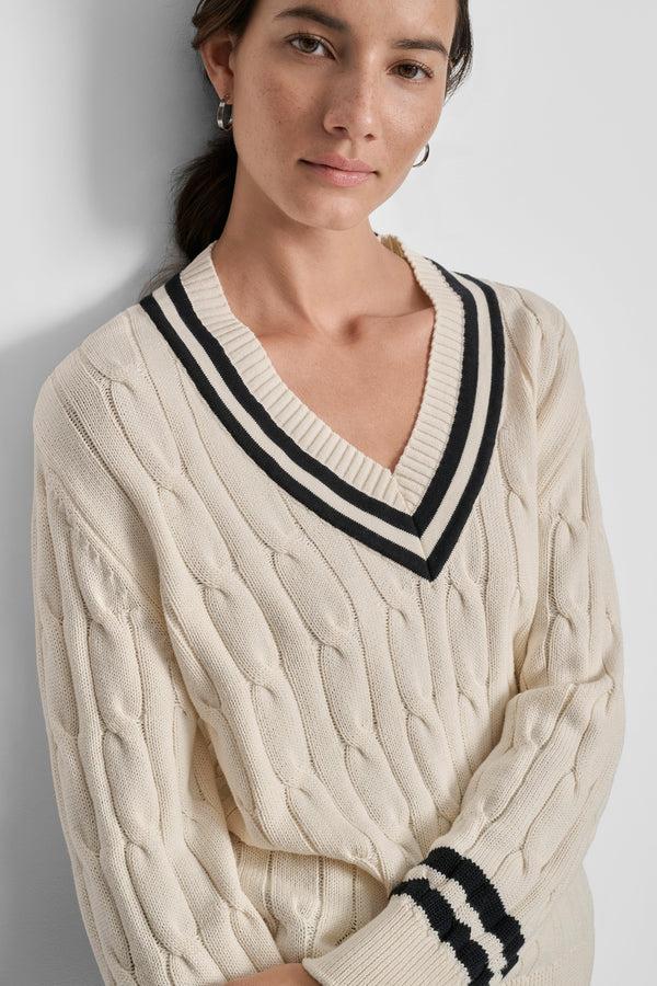 Dkny CABLE-KNIT TIPPED SWEATER EGGNOG/ BLACK