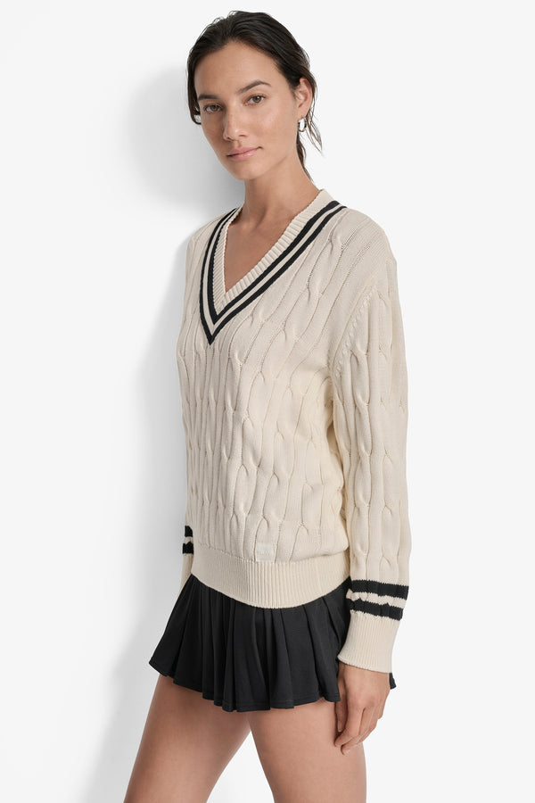 Dkny CABLE-KNIT TIPPED SWEATER EGGNOG/ BLACK