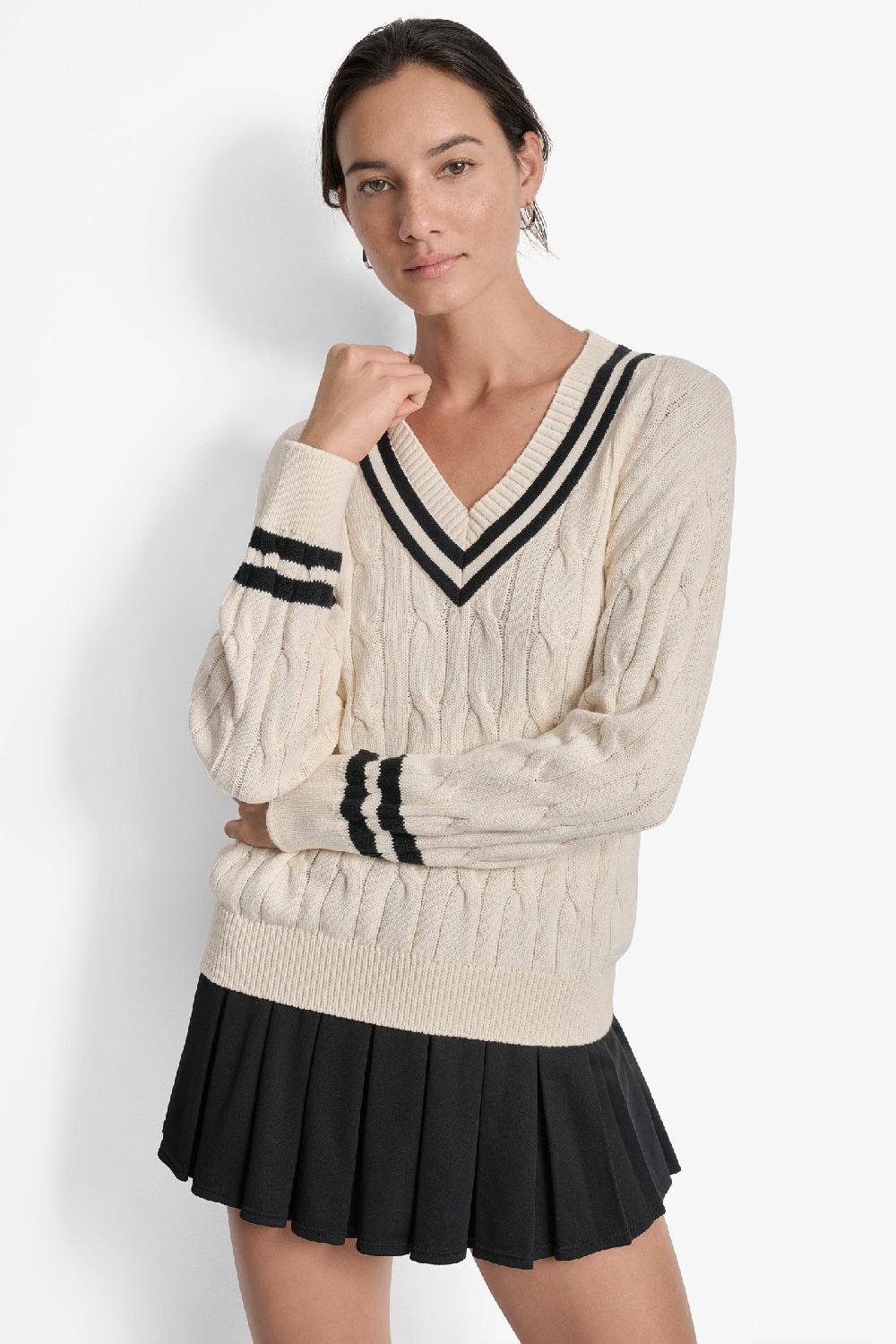 dkny CABLE-KNIT TIPPED SWEATER EGGNOG/ BLACK